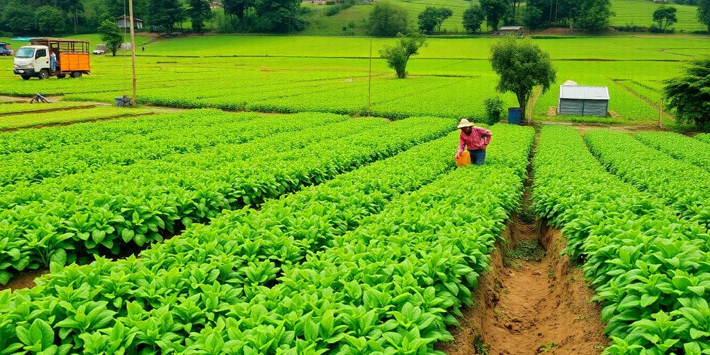 Peisaj agricol ecologic cu culturi verzi si legume.