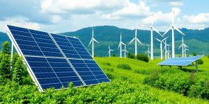 Peisaj verde cu panouri solare și turbine eoliene.