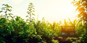 Peisaj verde cu plante și produse ecologice.