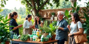 Peisaj verde cu produse ecologice și clienți fericiți.