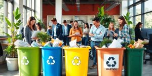 Reducerea deșeurilor în birou prin reciclare și practici ecologice.