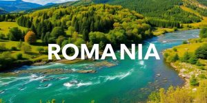 Peisaj natural românesc cu păduri și ape clare.