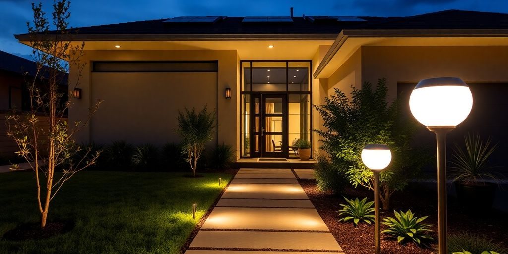 Casa modernă iluminată de lumini solare la apus.
