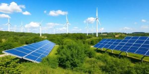 Turbine eoliene și panouri solare într-un peisaj verde.