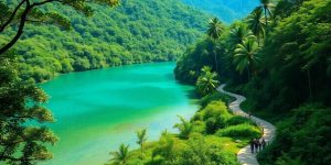 Peisaj natural cu păduri verzi și apă cristalină.