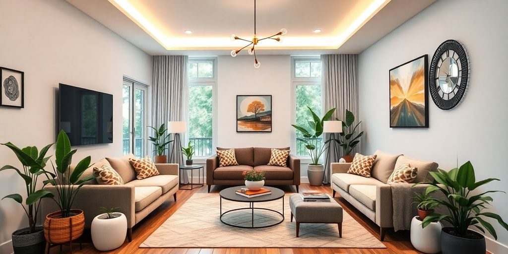 Interiér modernizat al unei camere de zi frumos decorat.