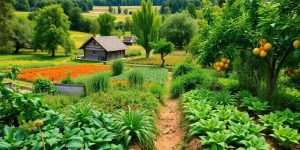 Peisaj agricol sustenabil în România, cu culturi diverse.