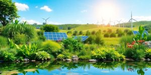 Peisaj ecologic cu plante verzi și energie regenerabilă.