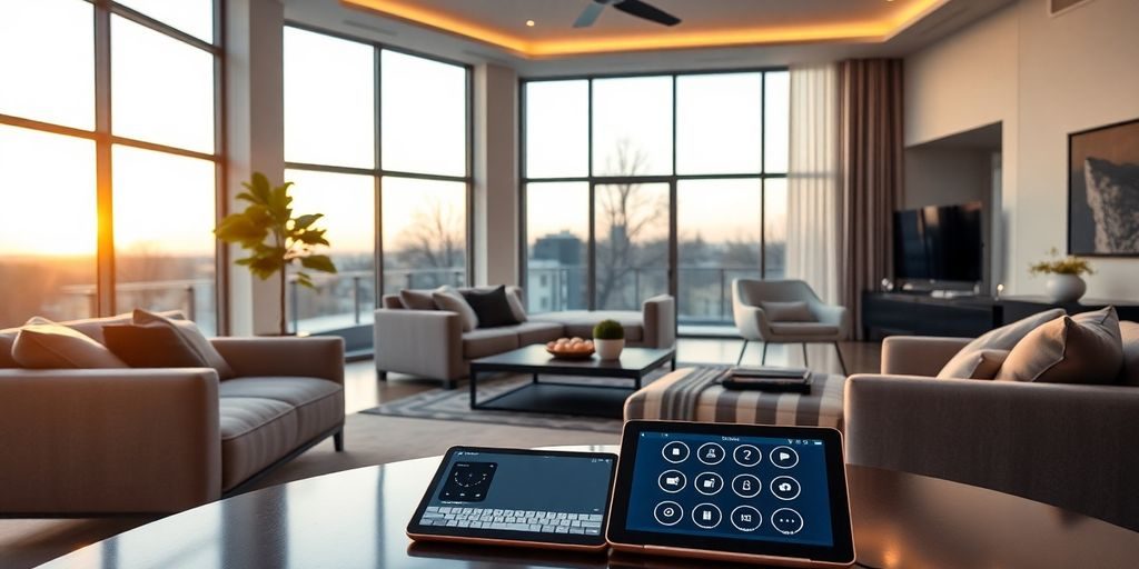 Casa modernă, luminată, cu ecran tactil inteligent.