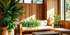 Mobilier din lemn masiv și plante.