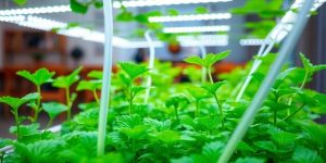 Grădină inteligentă cu plante verzi și lumini LED