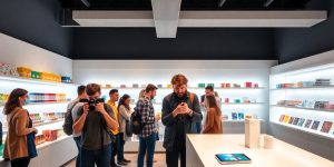 Grup divers la pop-up modern, smartphone cu efecte AR, produse.