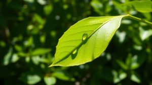 Frunză verde vibrantă cu picătură de rouă, lumină naturală.