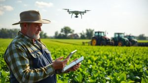 Fermier cu tabletă, drone și tractoare pe câmp verde